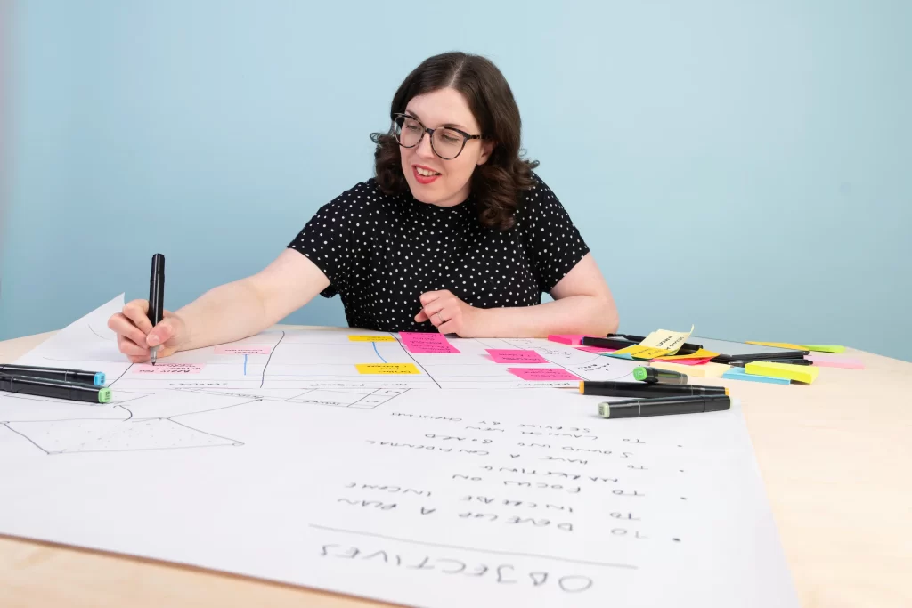 Sophie from Three Beams thinking writing on a planning table
