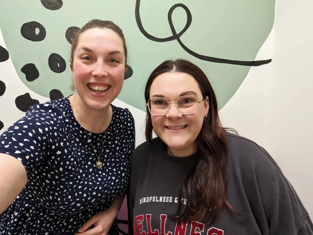 A selfie of Sophie from three beans thinking with Clare from Sunshine digital