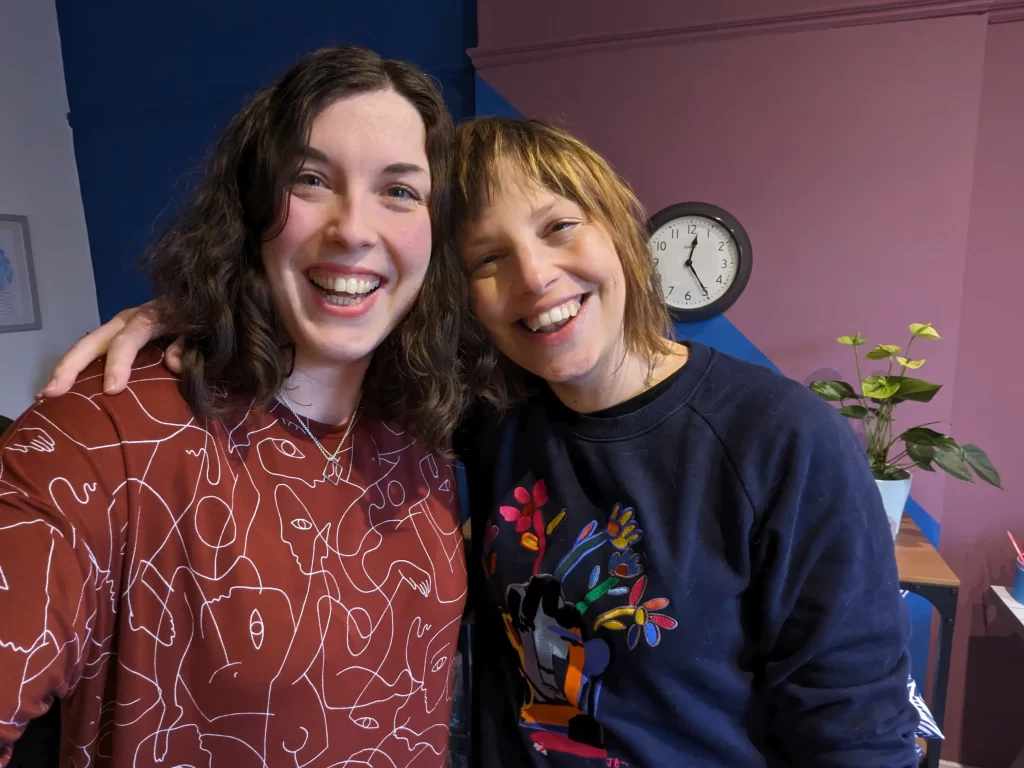 A selfie of Sophie from three beans thinking with Jenn from Orjenise