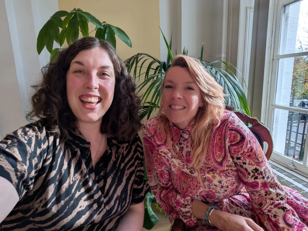 A selfie of Sophie from three beans thinking with Chloe from Roots of respect